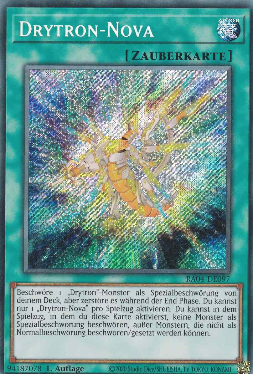 Drytron-Nova RA04-DE097 ist in Secret Rare Yu-Gi-Oh Karte aus Quarter Century Stampede 1.Auflage