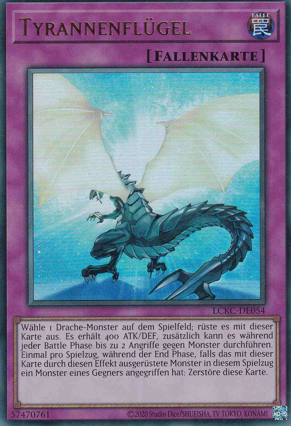 Tyrannenflügel Ultra Rare LCKC-DE054 Yugioh Karte Tyrannenflügel LCKC-DE054 ist in Ultra Rare Yu-Gi-Oh Karte aus Legendary Collection Kaiba unlimitiert