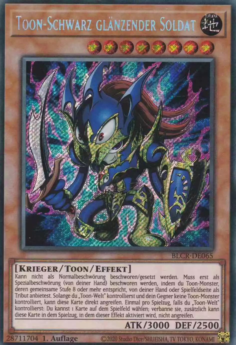 Toon-Schwarz Glänzender Soldat BLCR-DE065 ist in Secret Rare Yu-Gi-Oh Karte aus Battles of Legend Crystal Revenge 1.Auflage