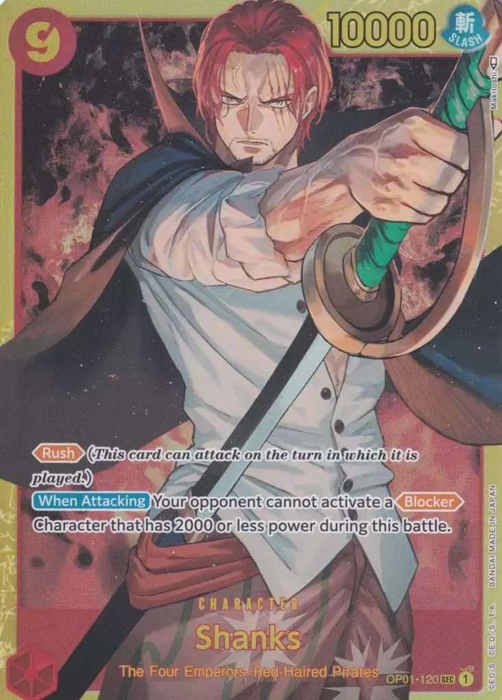 op01-120-shanks-secret-rare-romance-dawn Shanks OP01-120 ist in Secret Rare. Die One Piece Karte ist aus Romance Dawn in Normal Art.