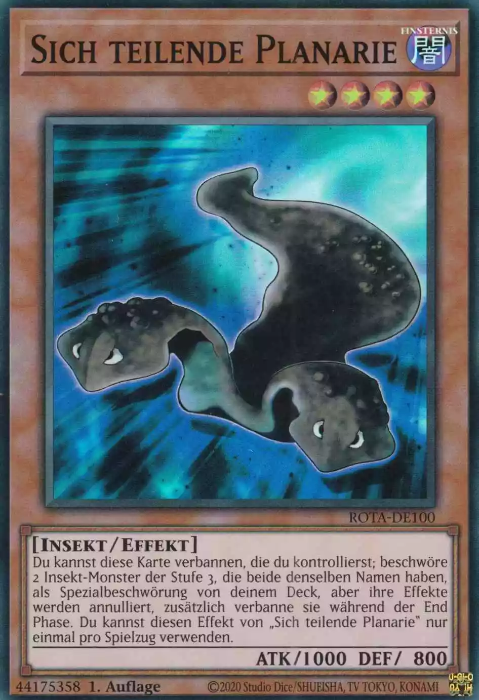Sich teilende Planarie ROTA-DE100 ist in Super Rare Yu-Gi-Oh Karte aus Rage of the Abyss 1.Auflage