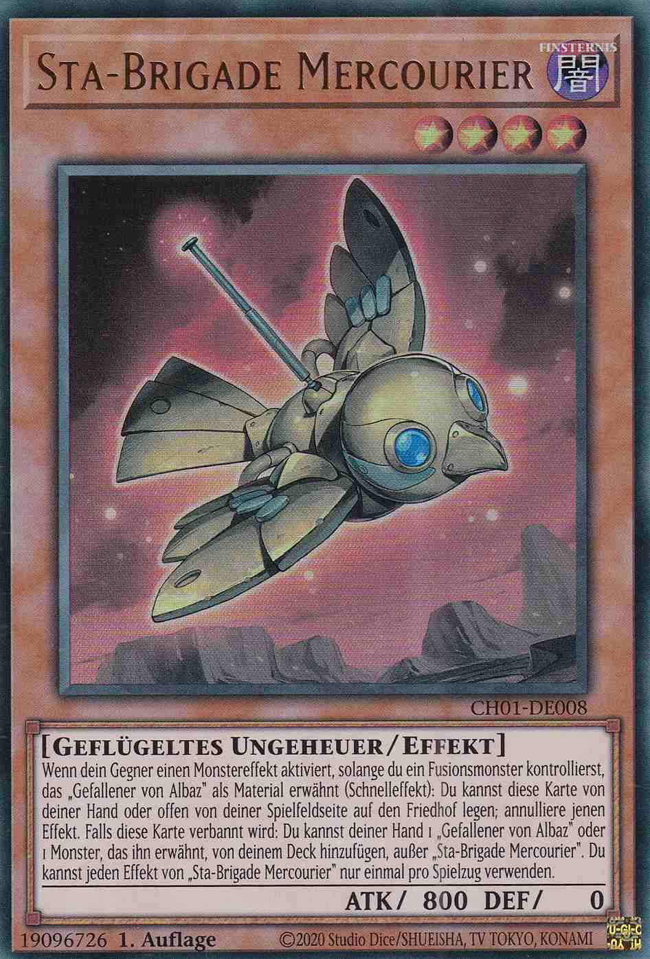 Sta-Brigade Mercourier Ultra Rare CH01-DE008 Yugioh Karte Sta-Brigade Mercourier CH01-DE008 ist in Ultra Rare Yu-Gi-Oh Karte aus THE CHRONICLES DECK: The Fallen & The Virtuous 1.Auflage