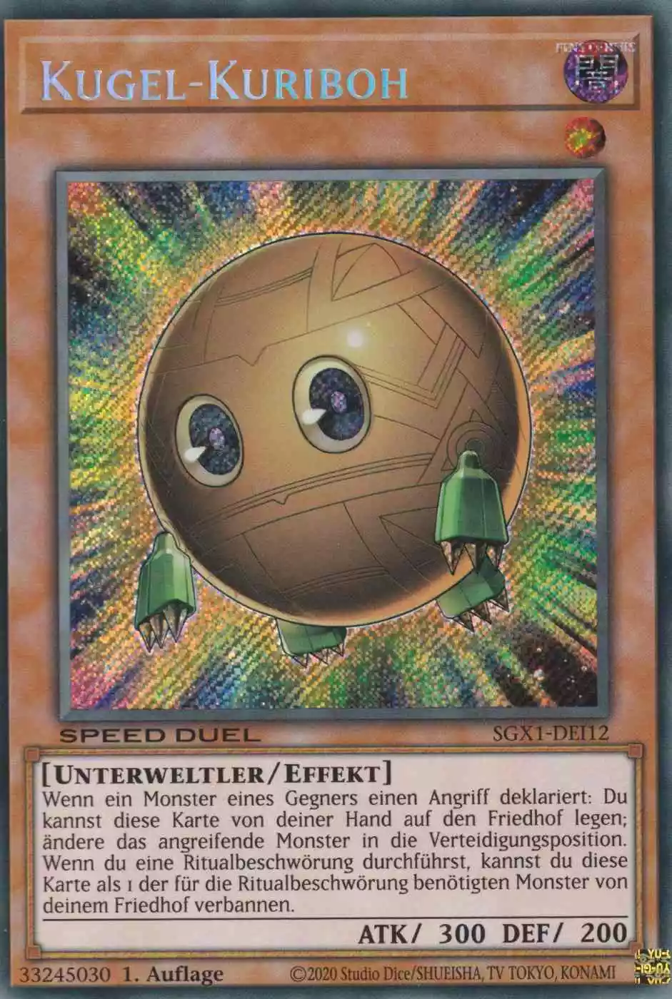 Kugel-Kuriboh SGX1-DEI12-P ist in Secret Rare Yu-Gi-Oh Karte aus Speed Duel GX Duel Academy Box 1.Auflage