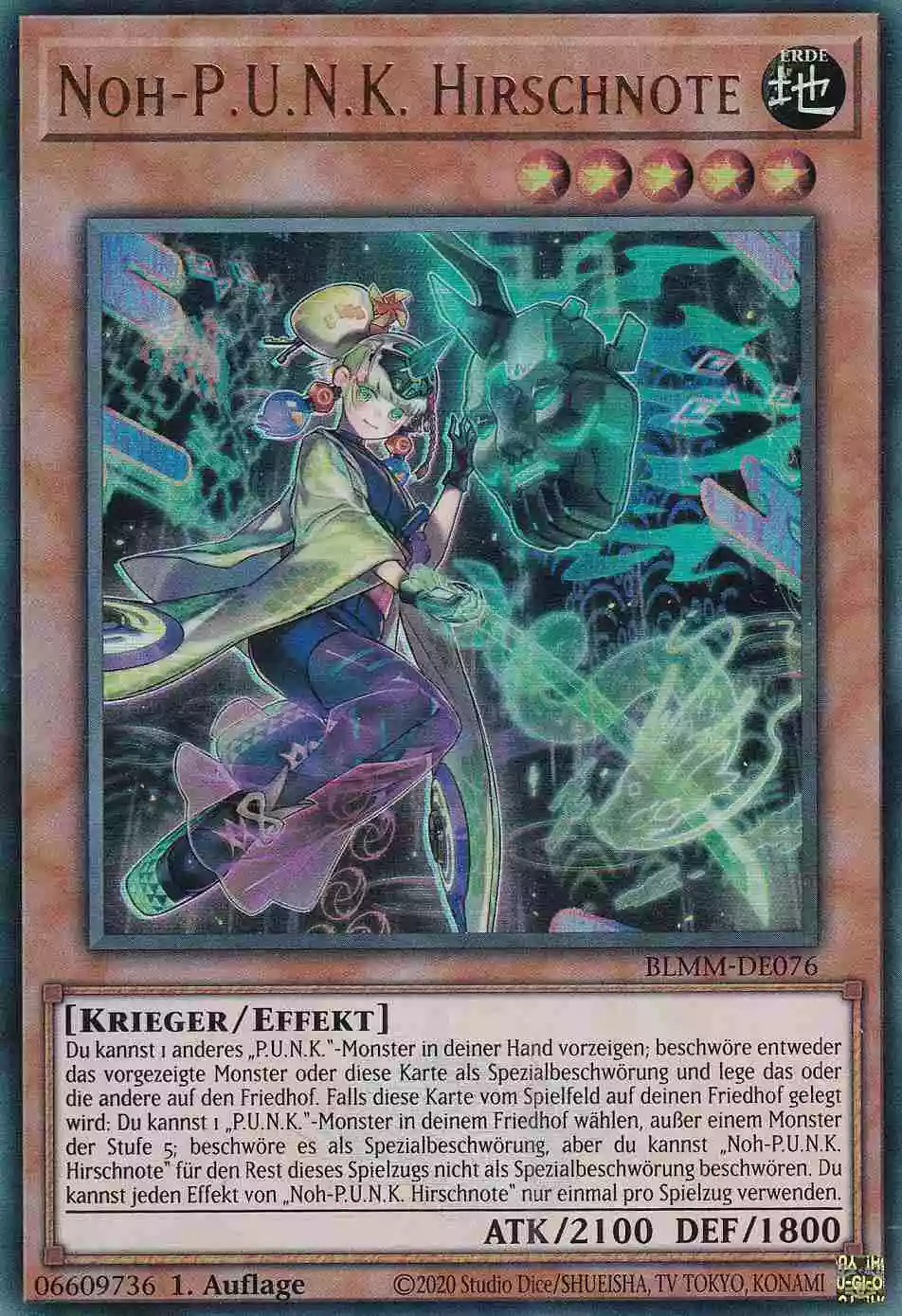 Noh-P.U.N.K. Hirschnote Ultra Rare BLMM-DE076 Yugioh Karte Noh-P.U.N.K. Hirschnote BLMM-DE076 ist in Ultra Rare Yu-Gi-Oh Karte aus Battles of Legend Monster Mayhem 1.Auflage