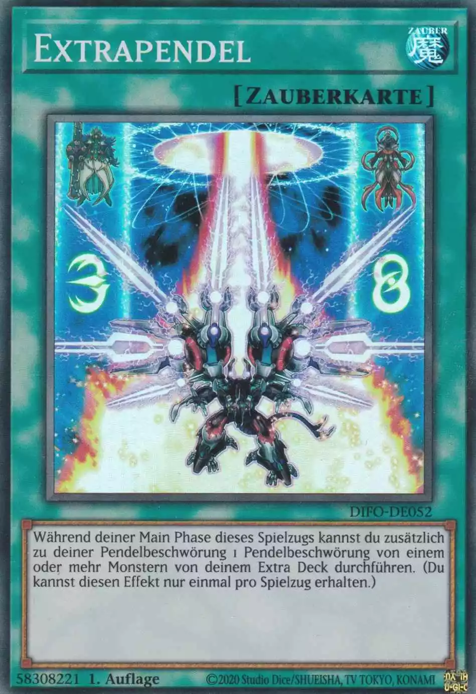 difo-de052-extrapendel-super-rare-dimension-force Extrapendel DIFO-DE052 ist in Super Rare Yu-Gi-Oh Karte aus Dimension Force 1.Auflage