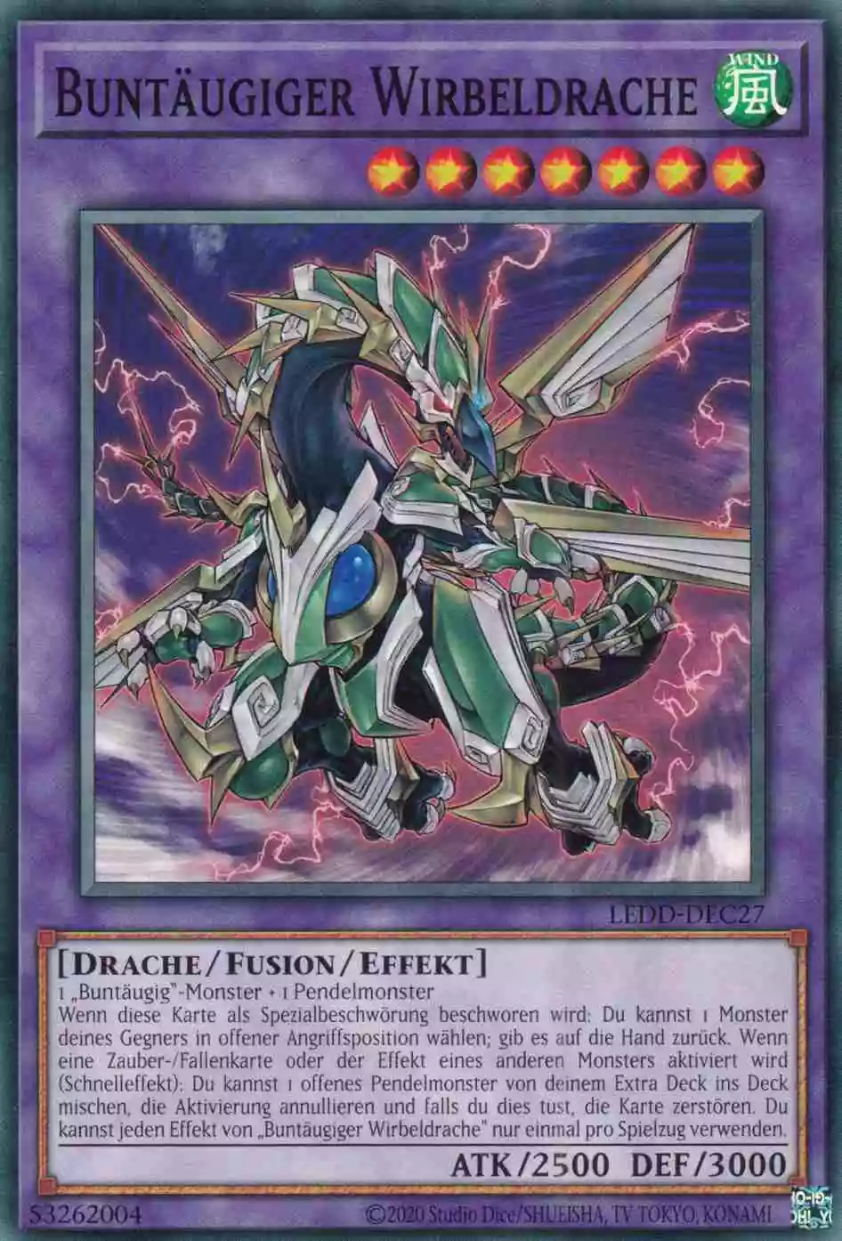 Buntäugiger Wirbeldrache Common LEDD-DEC27 Yugioh Karte Buntäugiger Wirbeldrache LEDD-DEC27 ist in Common Yu-Gi-Oh Karte aus Legendary Dragon Decks unlimitiert