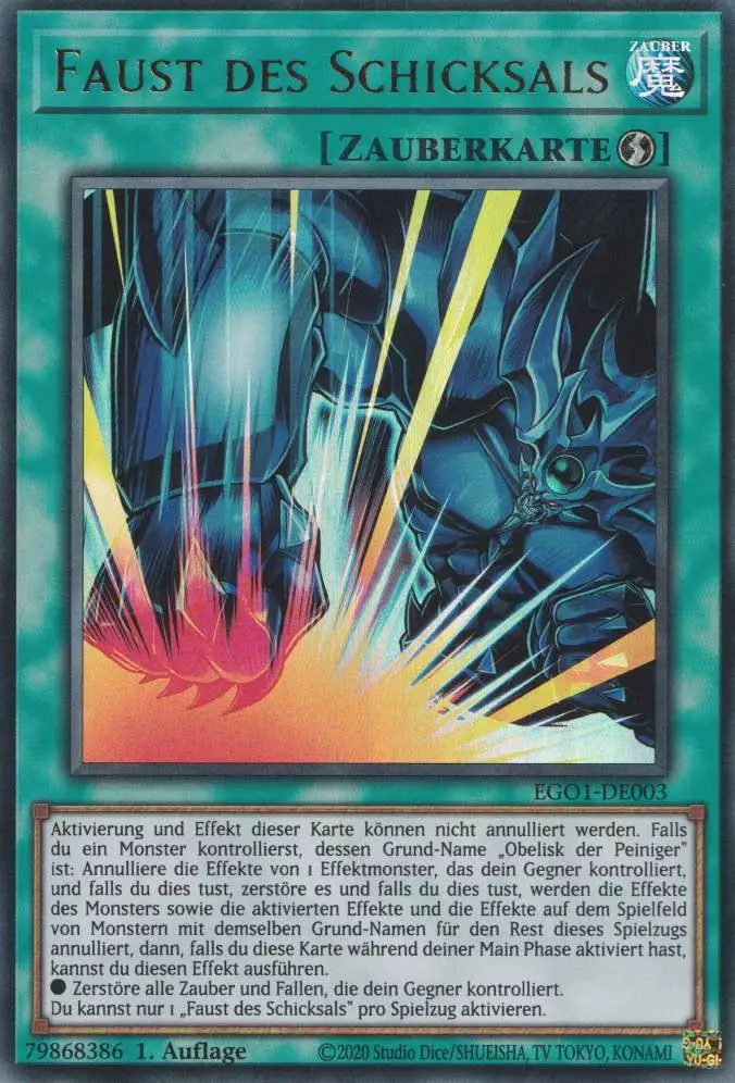 Faust des Schicksals EGO1-DE003 ist in Ultra Rare Yu-Gi-Oh Karte aus Egyptian God Deck Obelisk 1.Auflage