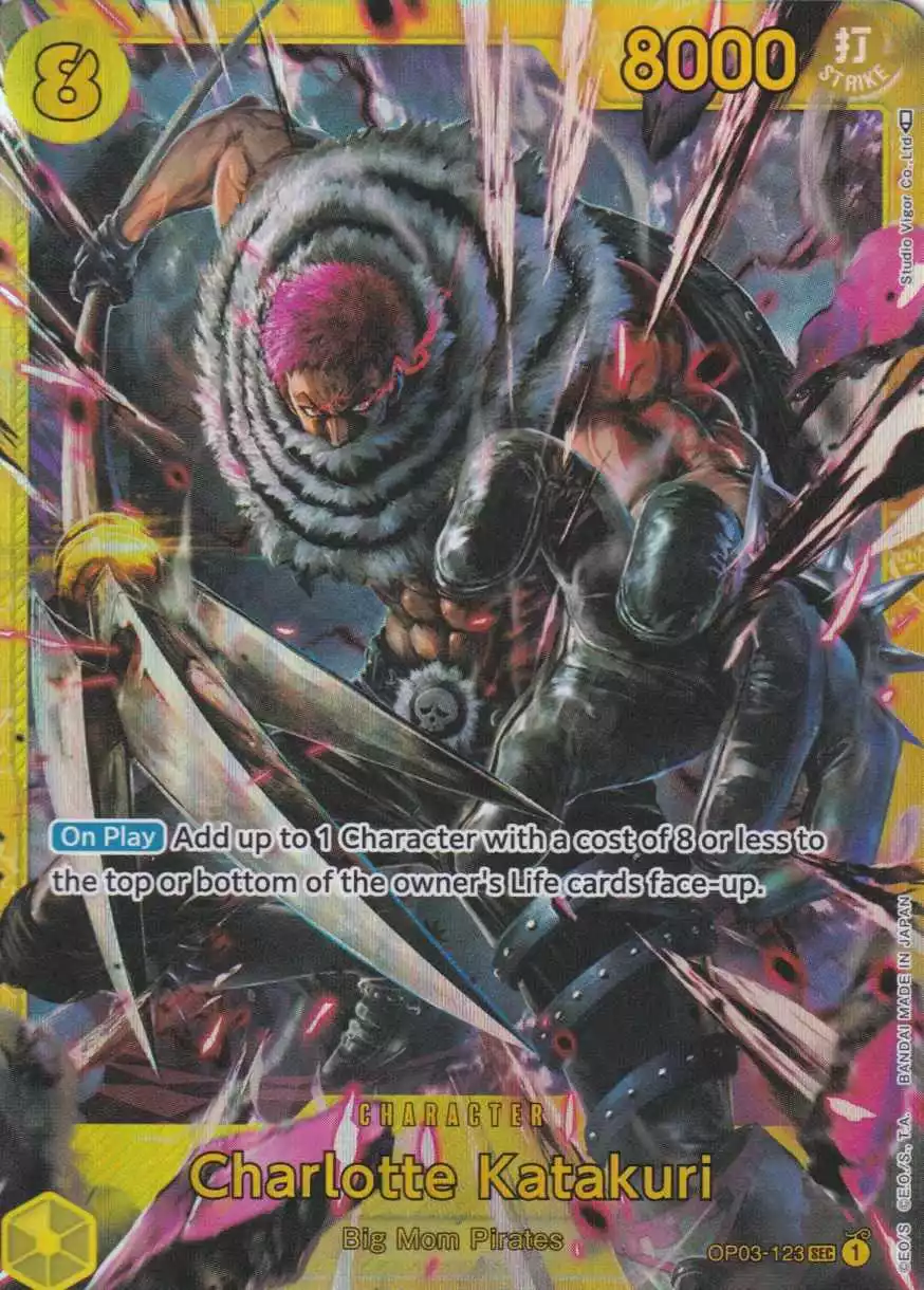 Charlotte Katakuri OP03-123 ist in Secret Rare. Die One Piece Karte ist aus Pillars of Strength OP-03 in Normal Art.