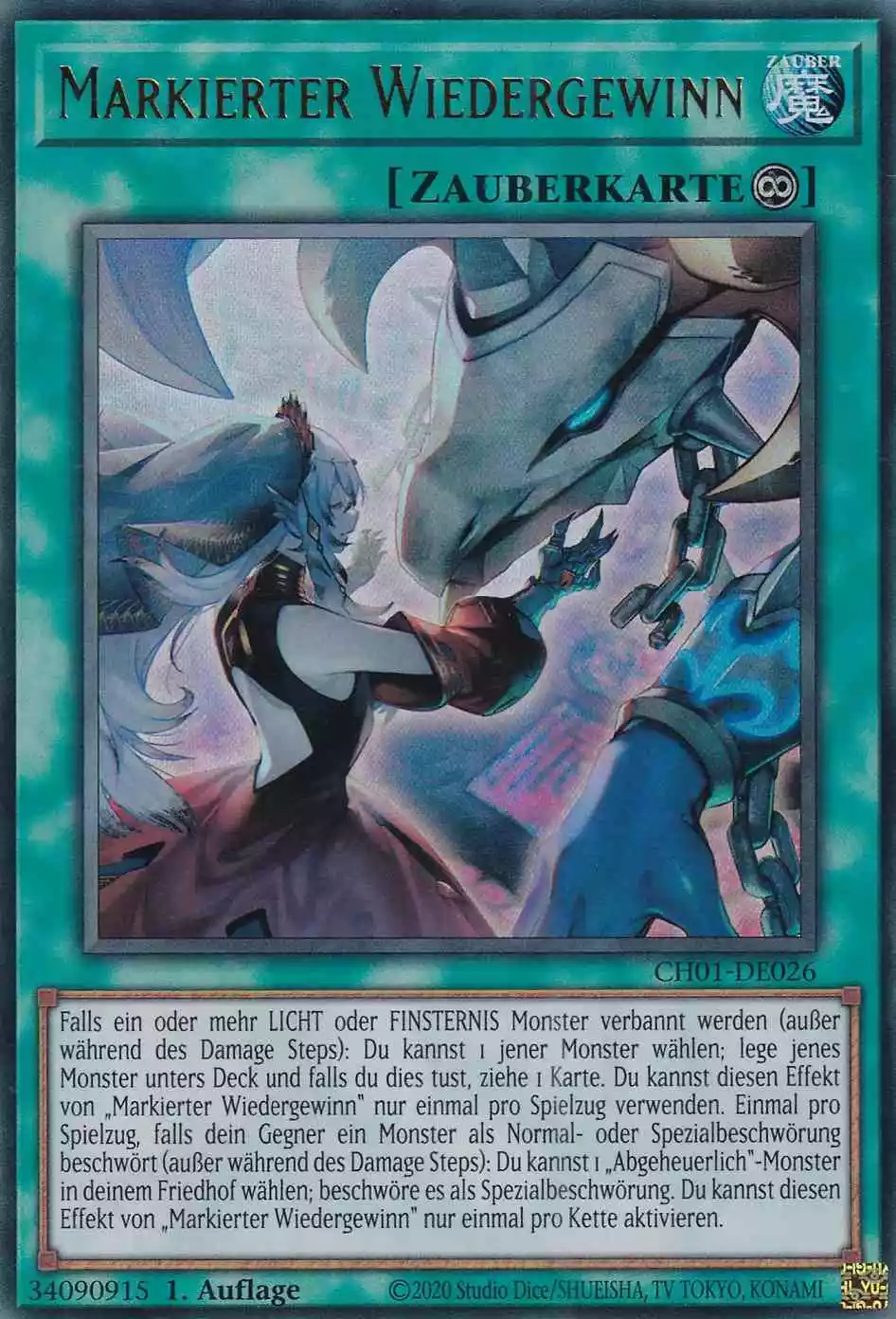 Markierter Wiedergewinn Ultra Rare CH01-DE026 Yugioh Karte Markierter Wiedergewinn CH01-DE026 ist in Ultra Rare Yu-Gi-Oh Karte aus THE CHRONICLES DECK: The Fallen & The Virtuous 1.Auflage