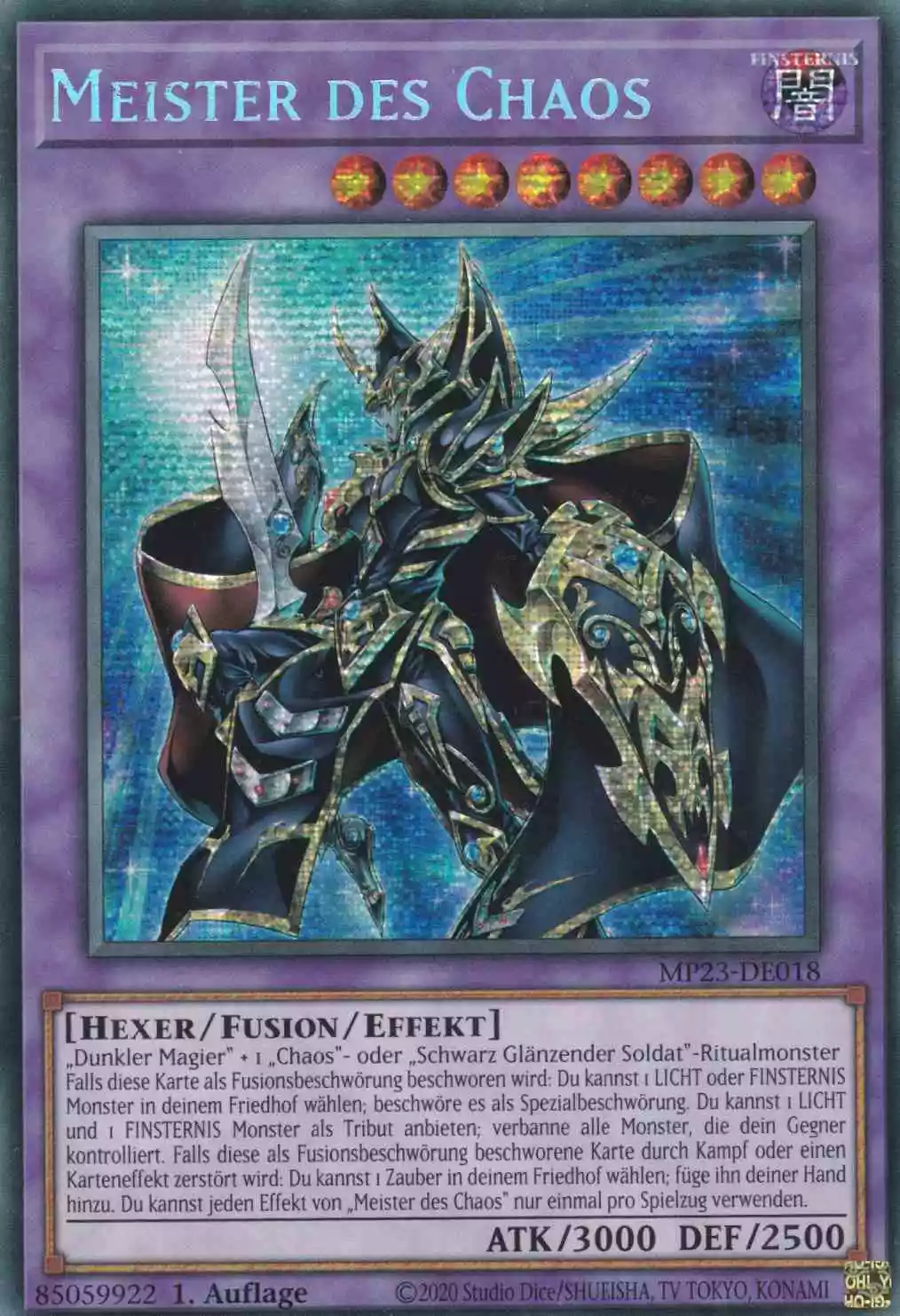 Meister des Chaos MP23-DE018 ist in Prismatic Secret Rare Yu-Gi-Oh Karte aus 25th Anniversary Tin Dueling Heroes 1.Auflage