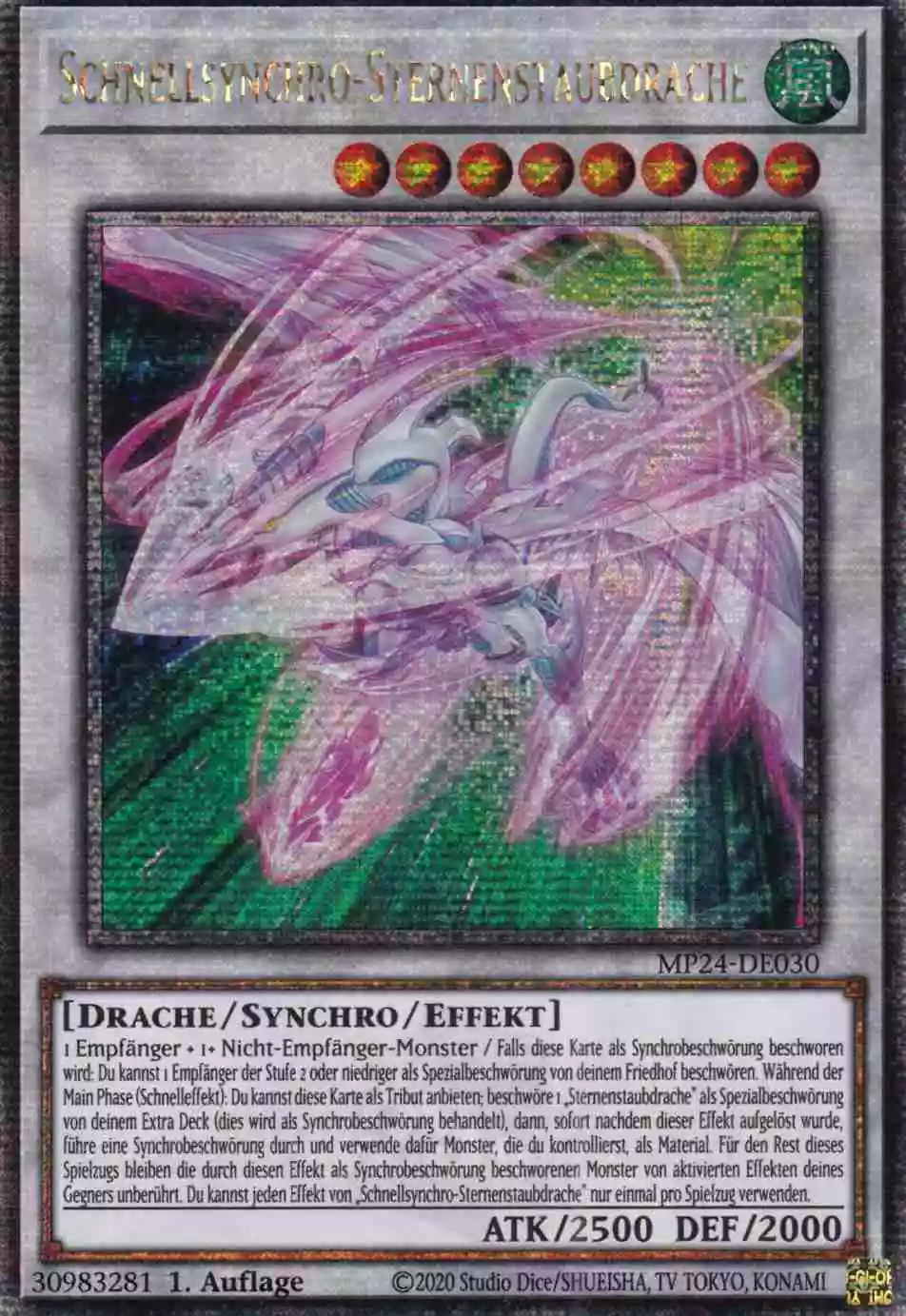 Schnellsynchro-Sternenstaubdrache MP24-DE030 ist in Quarter Century Secret Rare Yu-Gi-Oh Karte aus 25th Anniversary Tin Dueling Mirrors 1.Auflage