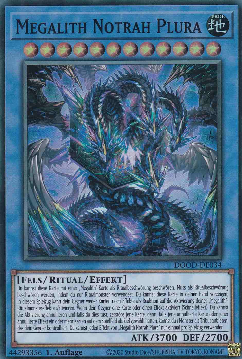 Megalith Notrah Plura DOOD-DE034 ist in Super Rare Yu-Gi-Oh Karte aus Doom of Dimensions 1.Auflage