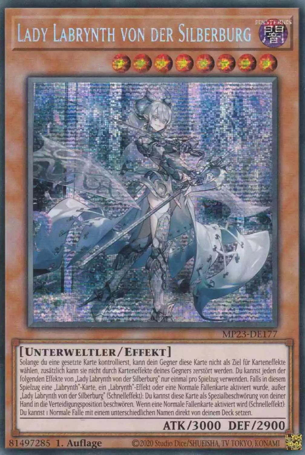 Lady Labrynth von der Silberburg MP23-DE177 ist in Prismatic Secret Rare Yu-Gi-Oh Karte aus 25th Anniversary Tin Dueling Heroes 1.Auflage