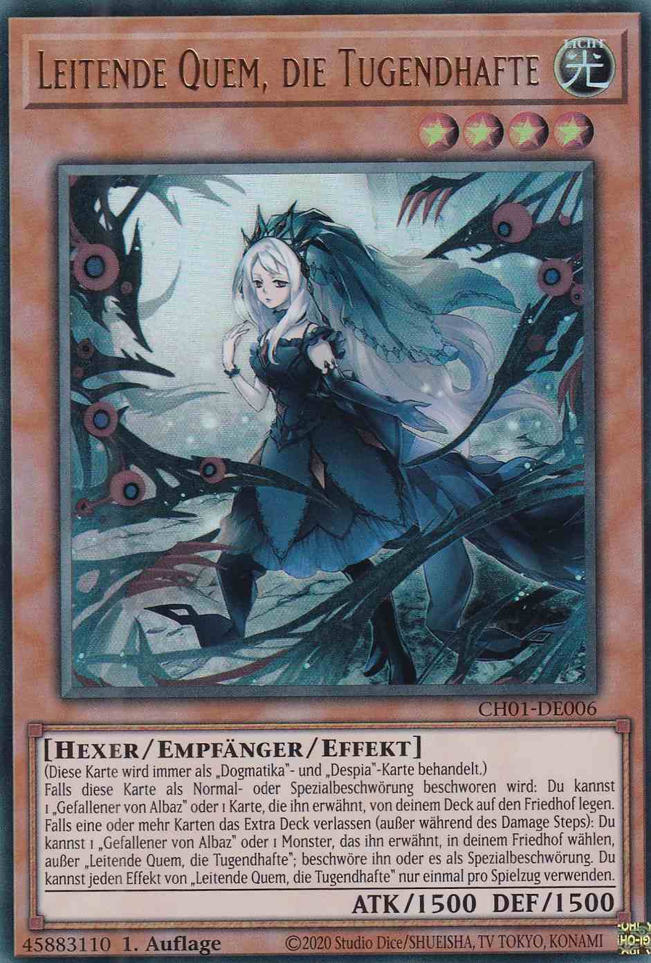 Leitende Quem, die Tugendhafte Ultra Rare CH01-DE006 Yugioh Karte Leitende Quem, die Tugendhafte CH01-DE006 ist in Ultra Rare Yu-Gi-Oh Karte aus THE CHRONICLES DECK: The Fallen & The Virtuous 1.Auflage