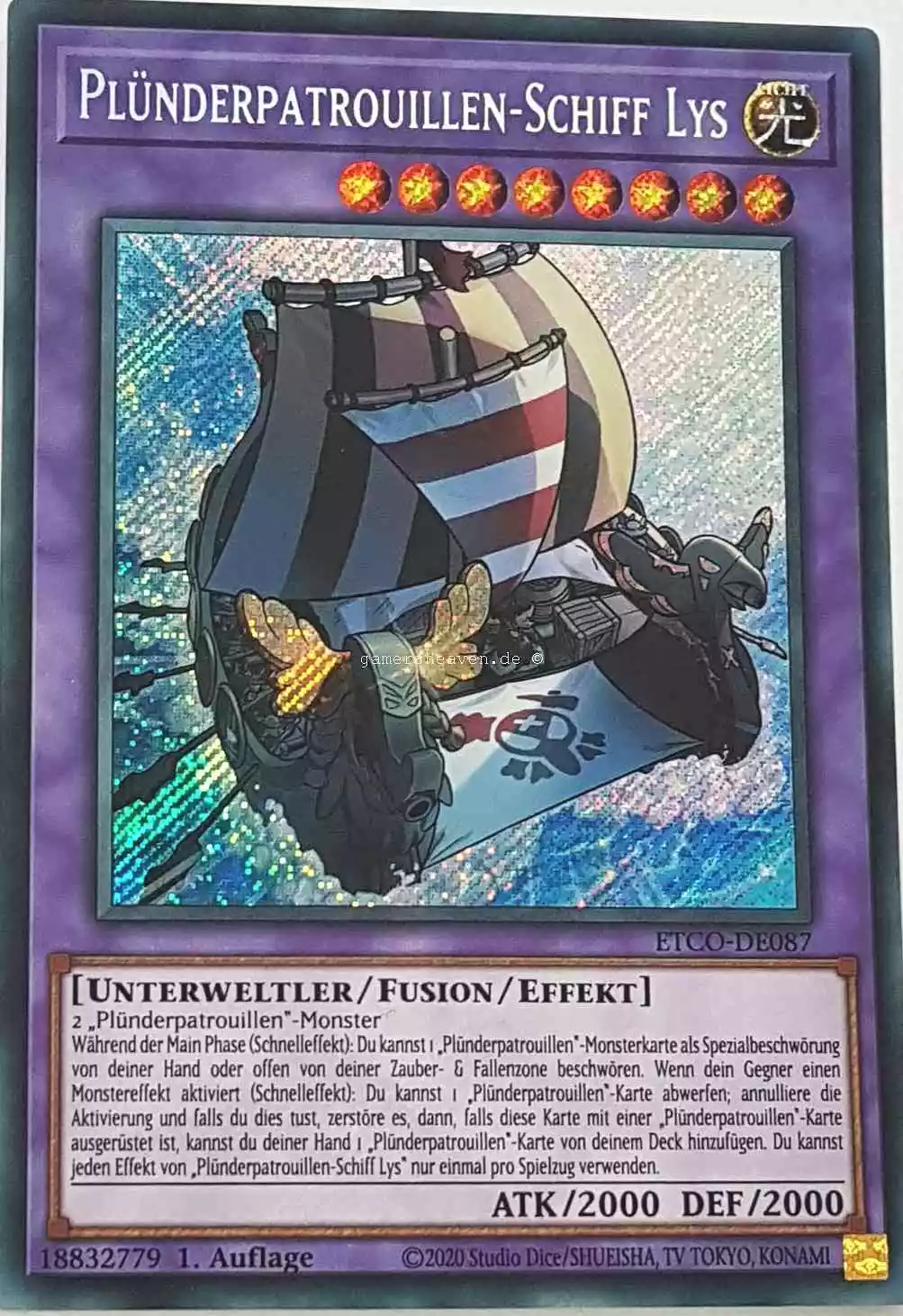 Plünderpatrouillen-Schiff Lys ETCO-DE087 ist in Secret Rare Yu-Gi-Oh Karte aus Eternity Code 1.Auflage