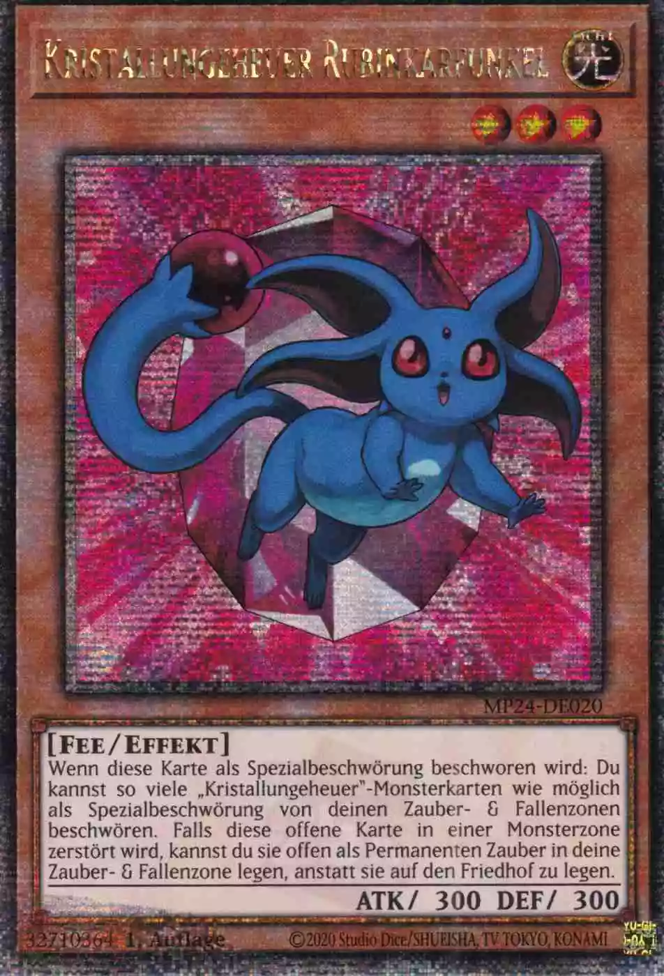 Kristallungeheuer Rubinkarfunkel Quarter Century Secret Rare MP24-DE020 Yugioh Karte Kristallungeheuer Rubinkarfunkel MP24-DE020 ist in Quarter Century Secret Rare Yu-Gi-Oh Karte aus 25th Anniversary Tin Dueling Mirrors 1.Auflage