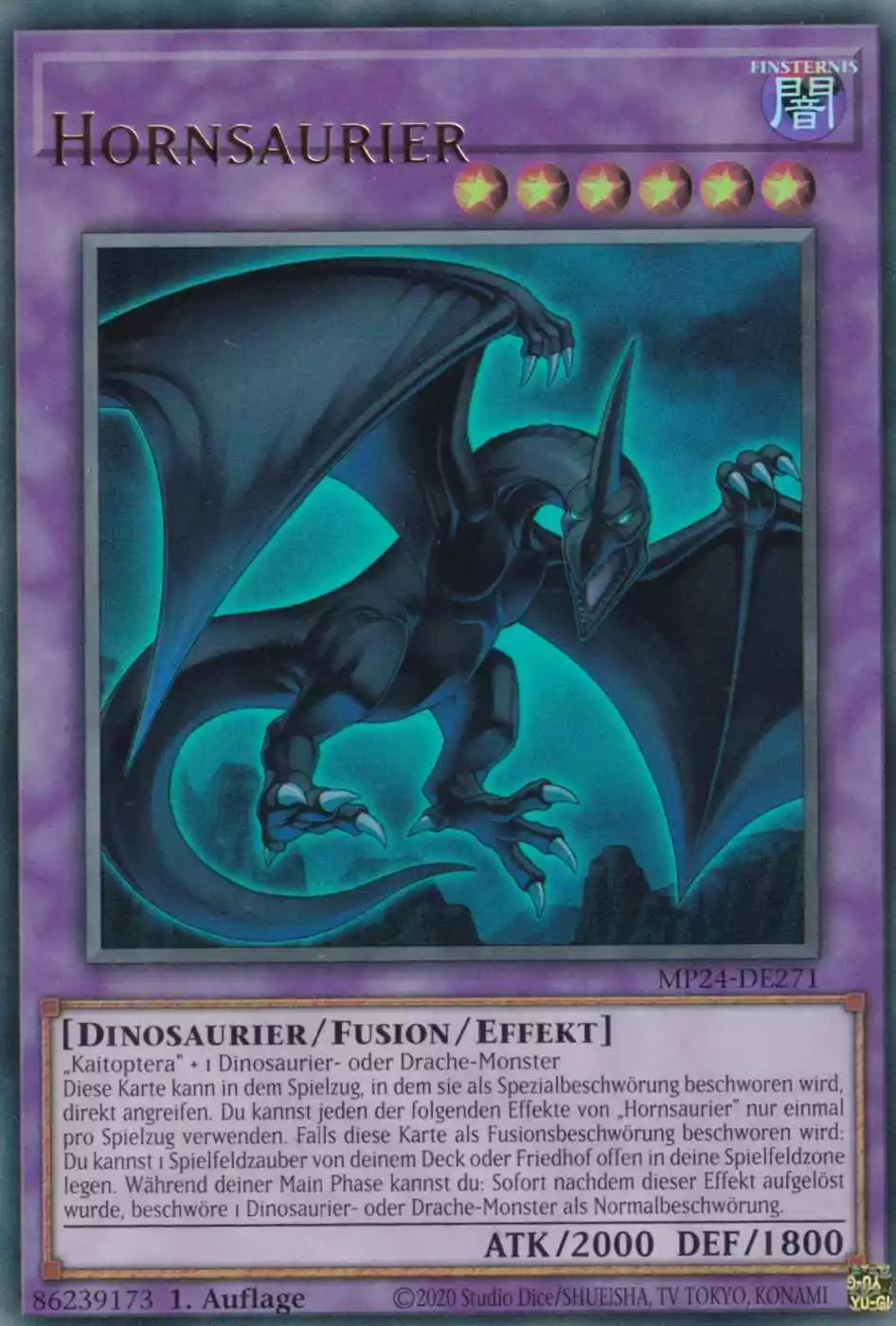 Hornsaurier Ultra Rare MP24-DE271 Yugioh Karte Hornsaurier MP24-DE271 ist in Ultra Rare Yu-Gi-Oh Karte aus 25th Anniversary Tin Dueling Mirrors 1.Auflage