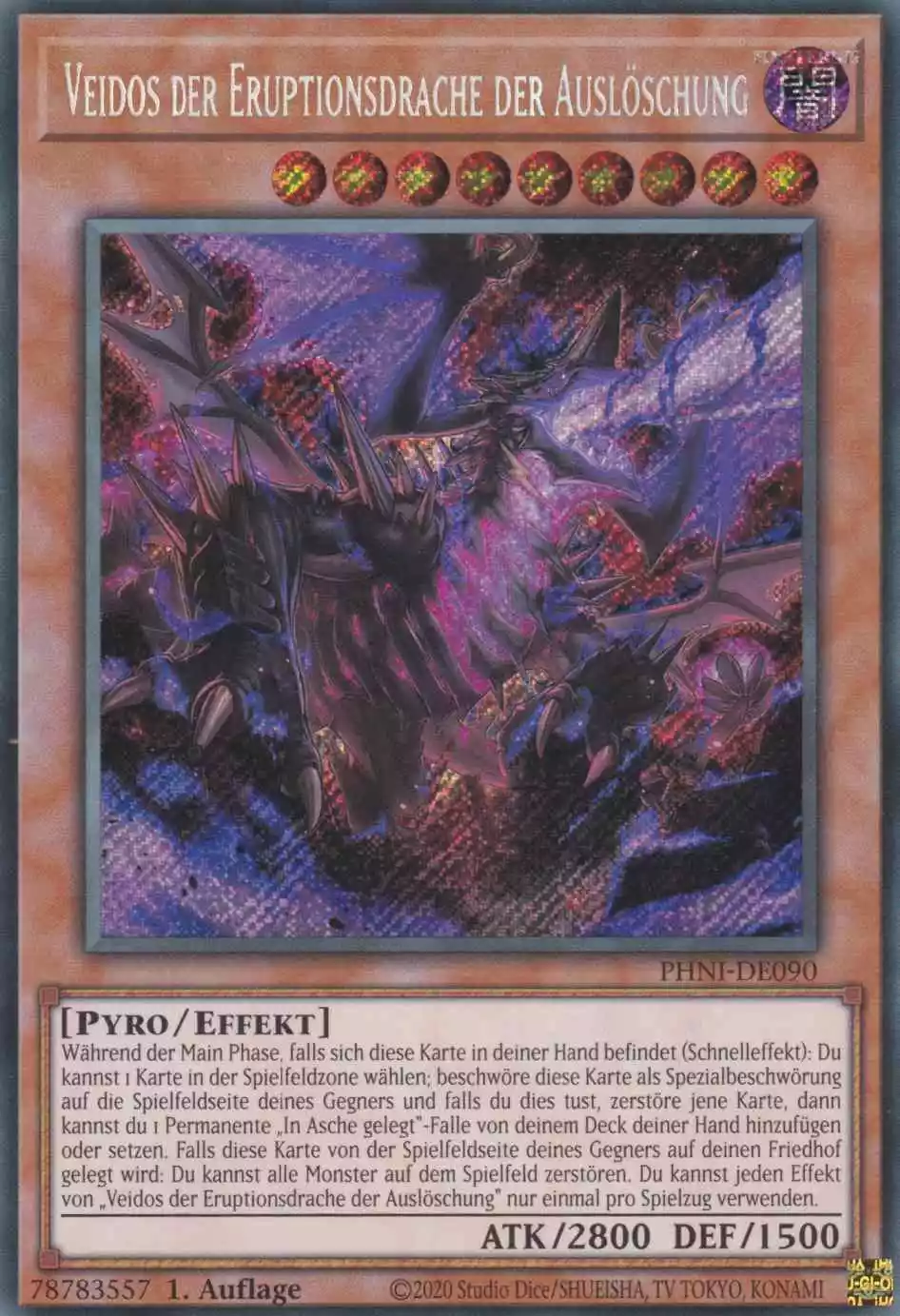 Veidos der Eruptionsdrache der Auslöschung PHNI-DE090 ist in Secret Rare Yu-Gi-Oh Karte aus Phantom Nightmare 1.Auflage