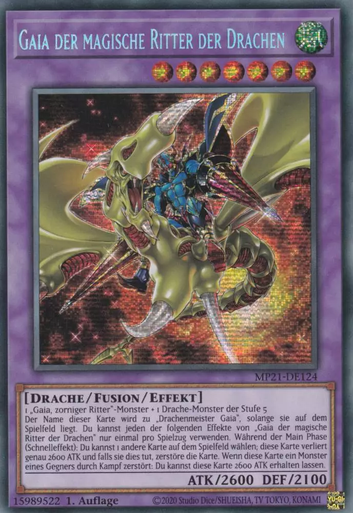 Gaia der magische Ritter der Drachen MP21-DE124 ist in Prismatic Secret Rare Yu-Gi-Oh Karte aus Tin of Ancient Battles 1.Auflage