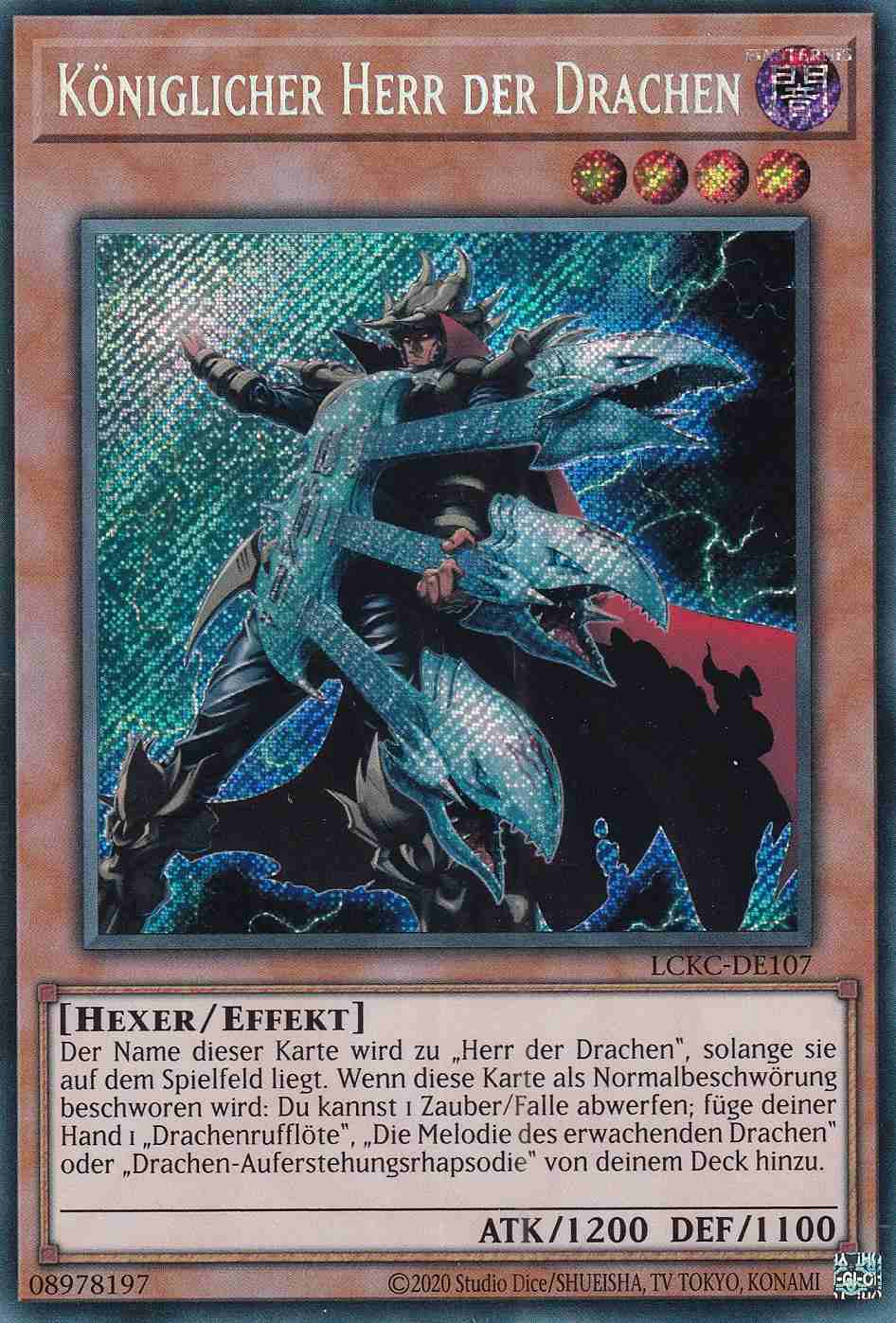 Königlicher Herr der Drachen Secret Rare LCKC-DE107 Yugioh Karte Königlicher Herr der Drachen LCKC-DE107 ist in Secret Rare Yu-Gi-Oh Karte aus Legendary Collection Kaiba unlimitiert