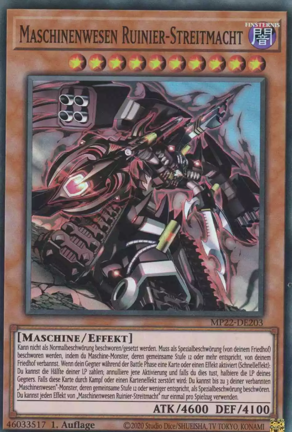 Maschinenwesen Ruinier-Streitmacht MP22-DE203 ist in Super Rare Yu-Gi-Oh Karte aus Tin of the Pharaoh’s Gods 1.Auflage