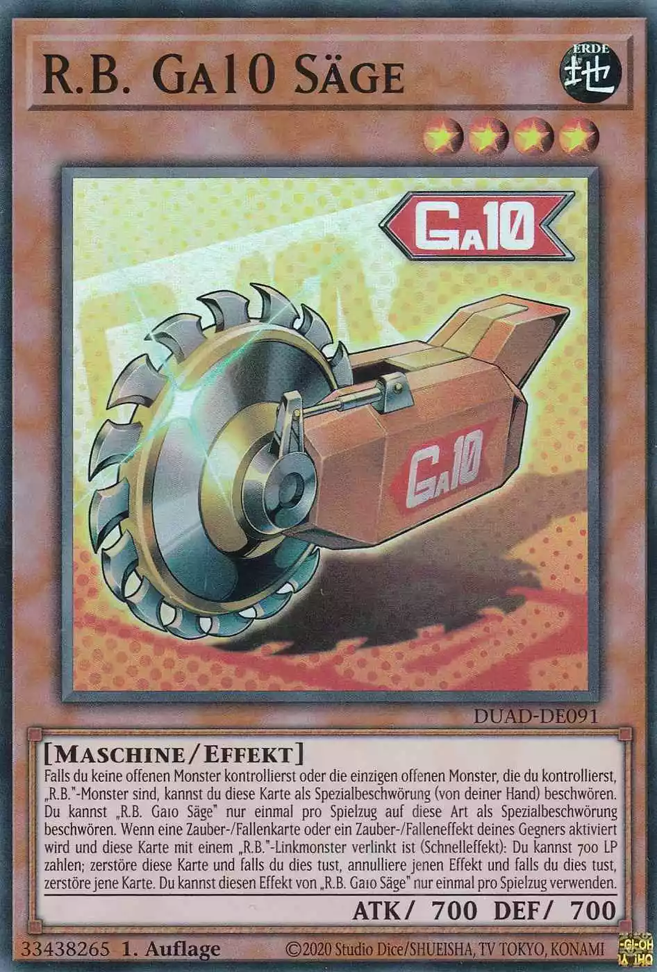 R.B. Ga10 Säge DUAD-DE091 ist in Super Rare Yu-Gi-Oh Karte aus Duelist’s Advance 1.Auflage