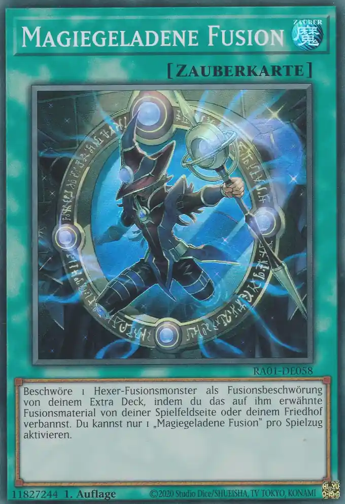 Magiegeladene Fusion RA01-DE058 ist in Super Rare Yu-Gi-Oh Karte aus 25th Anniversary Rarity Collection 1.Auflage