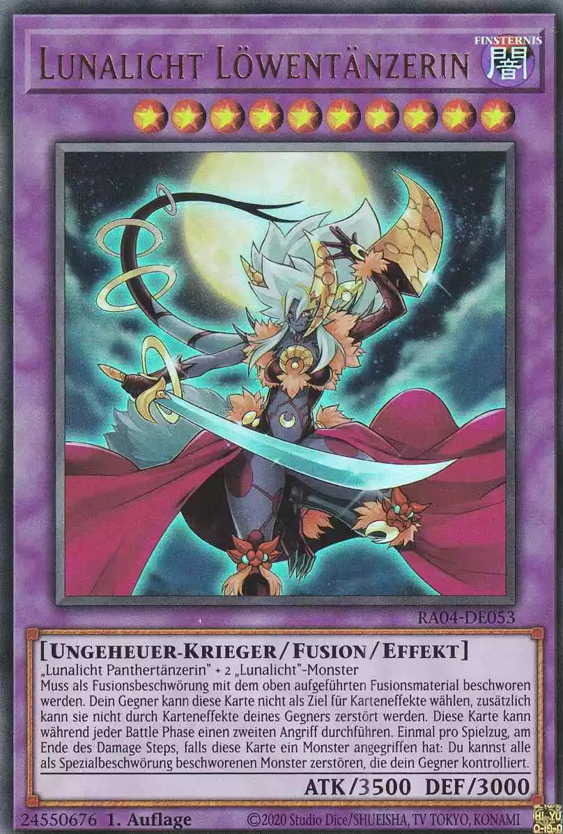 Lunalicht Löwentänzerin Ultra Rare RA04-DE053 Yugioh Karte Lunalicht Löwentänzerin RA04-DE053 ist in Ultra Rare Yu-Gi-Oh Karte aus Quarter Century Stampede 1.Auflage