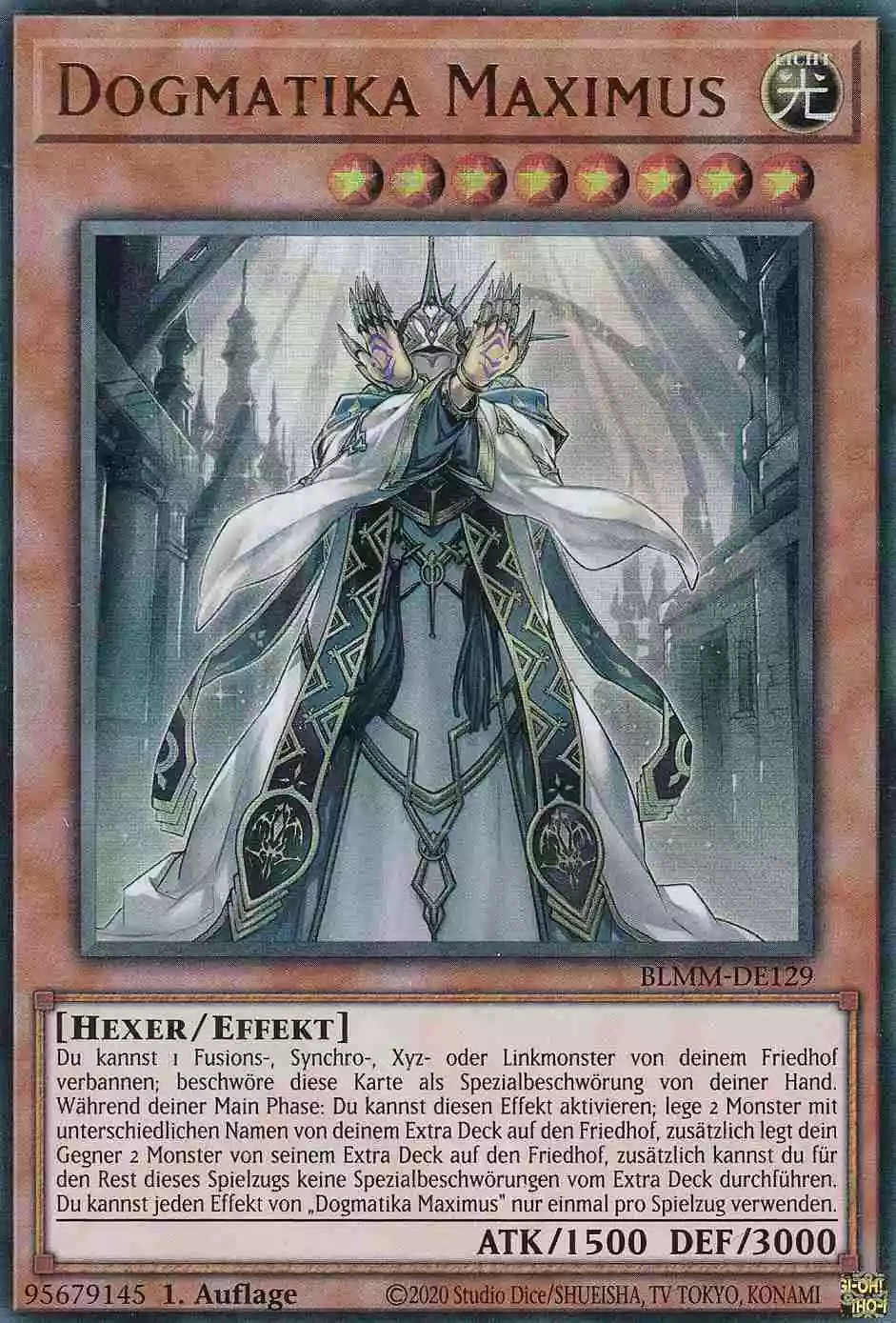 Dogmatika Maximus Ultra Rare BLMM-DE129 Yugioh Karte Dogmatika Maximus BLMM-DE129 ist in Ultra Rare Yu-Gi-Oh Karte aus Battles of Legend Monster Mayhem 1.Auflage