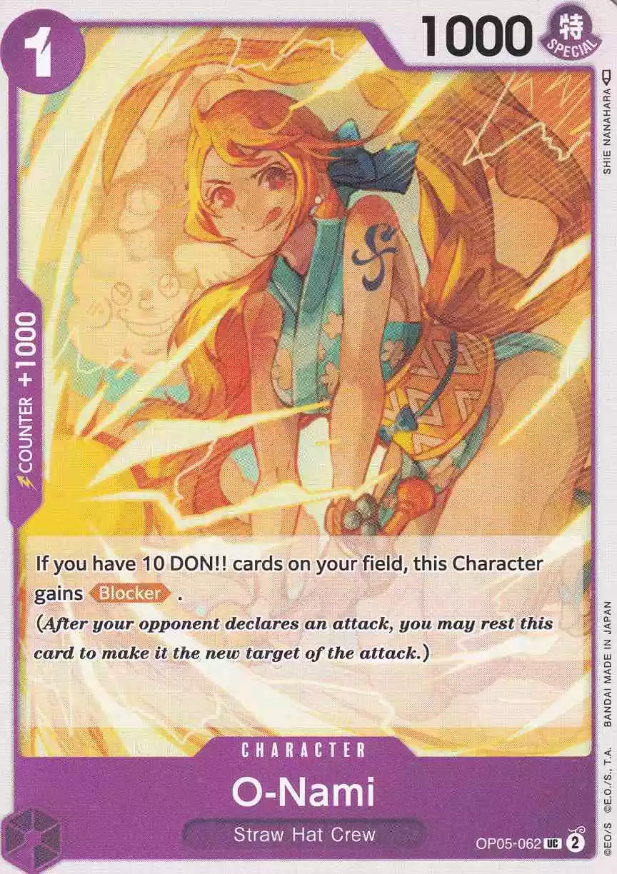 O-Nami OP05-062 ist in Uncommon. Die One Piece Karte ist aus Awakening of the New Era in Normal Art.