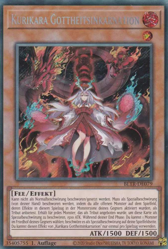 Kurikara Gottheitsinkarnation BLTR-DE079 ist in Secret Rare Yu-Gi-Oh Karte aus Battles of Legend Terminal Revenge 1.Auflage