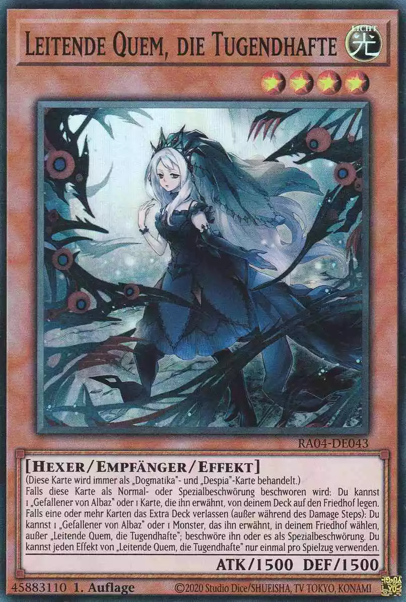 Leitende Quem, die Tugendhafte RA04-DE043 ist in Super Rare Yu-Gi-Oh Karte aus Quarter Century Stampede 1.Auflage