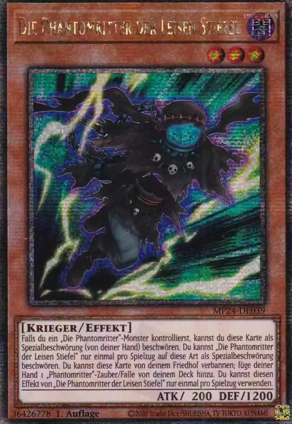 Die Phantomritter der Leisen Stiefel Quarter Century Secret Rare MP24-DE039 Yugioh Karte Die Phantomritter der Leisen Stiefel MP24-DE039 ist in Quarter Century Secret Rare Yu-Gi-Oh Karte aus 25th Anniversary Tin Dueling Mirrors 1.Auflage