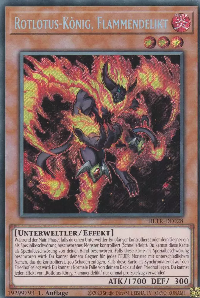 Rotlotus-König, Flammendelikt BLTR-DE028 ist in Secret Rare Yu-Gi-Oh Karte aus Battles of Legend Terminal Revenge 1.Auflage