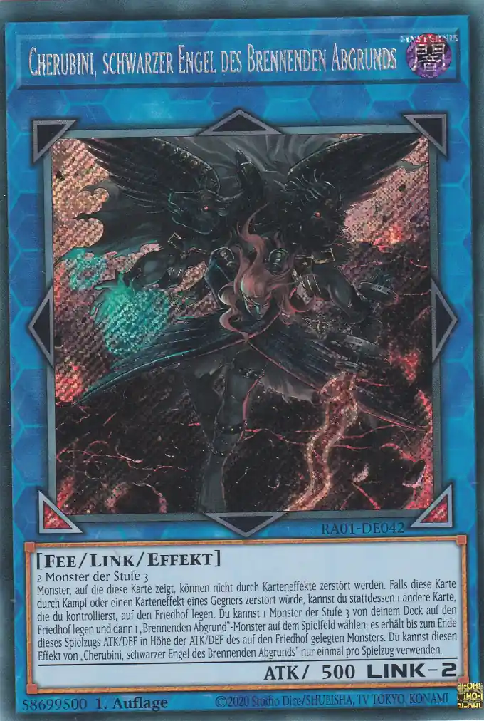 Cherubini, schwarzer Engel des Brennenden Abgrunds RA01-DE042 ist in Secret Rare Yu-Gi-Oh Karte aus 25th Anniversary Rarity Collection 1.Auflage