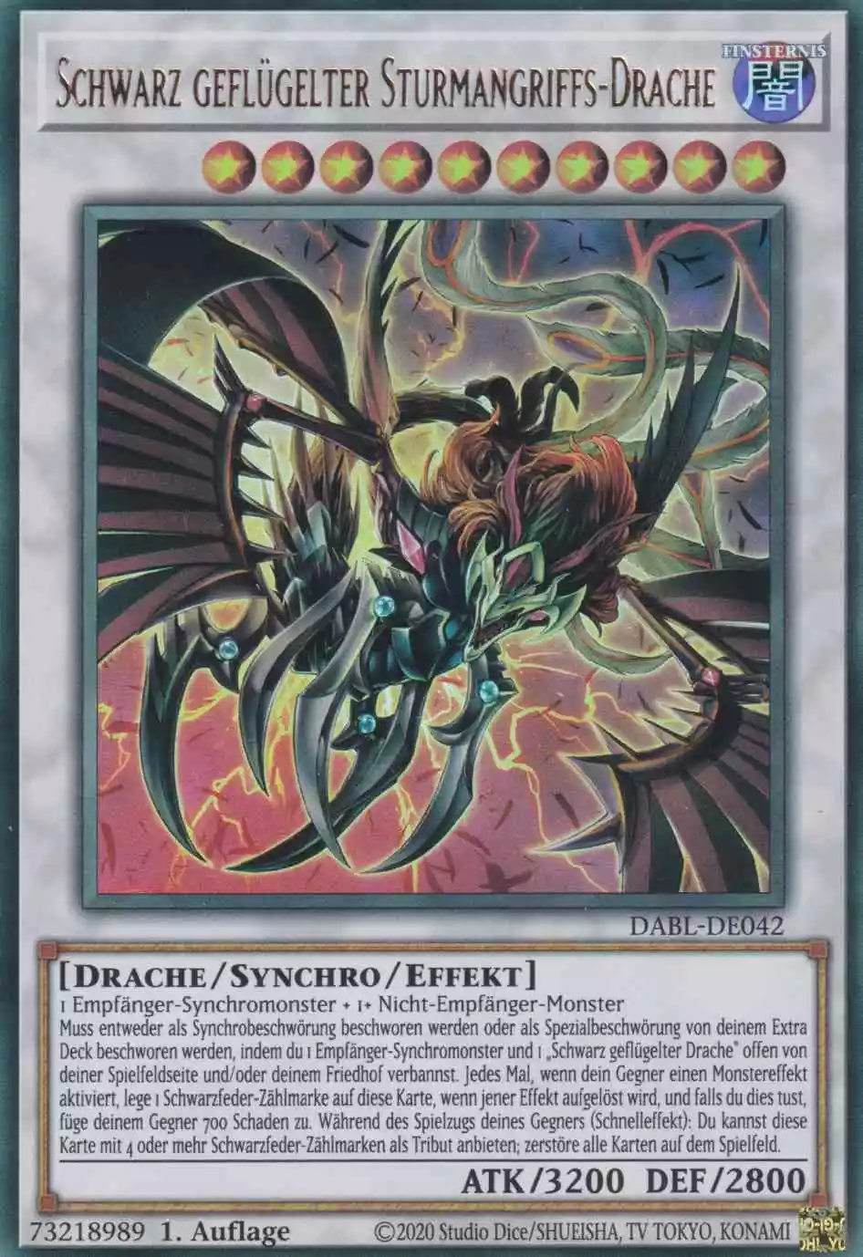 Schwarz geflügelter Sturmangriffs-Drache DABL-DE042 ist in Ultra Rare Yu-Gi-Oh Karte aus Darkwing Blast 1.Auflage
