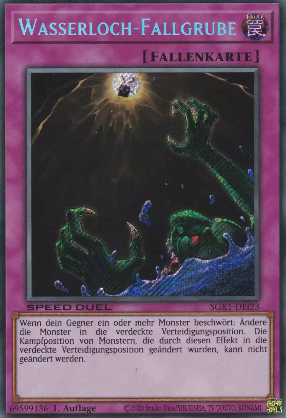 Wasserloch-Fallgrube SGX1-DEI23-P ist in Secret Rare Yu-Gi-Oh Karte aus Speed Duel GX Duel Academy Box 1.Auflage