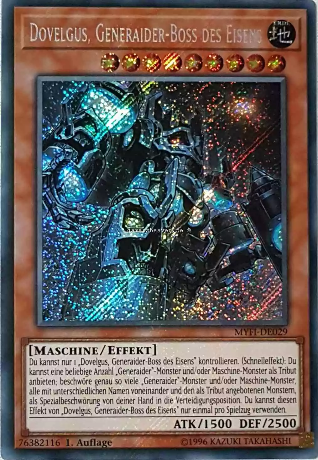 Dovelgus, Generaider-Boss des Eisens MYFI-DE029 ist in Secret Rare aus Mystic Fighters 1.Auflage