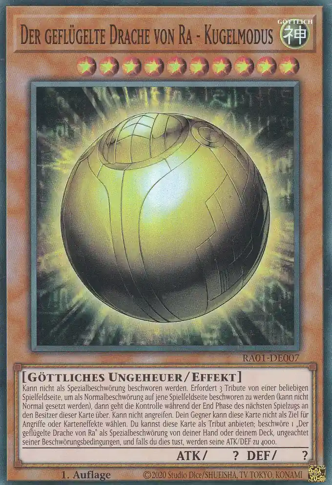 Der geflügelte Drache von Ra - Kugelmodus RA01-DE007 ist in Super Rare Yu-Gi-Oh Karte aus 25th Anniversary Rarity Collection 1.Auflage