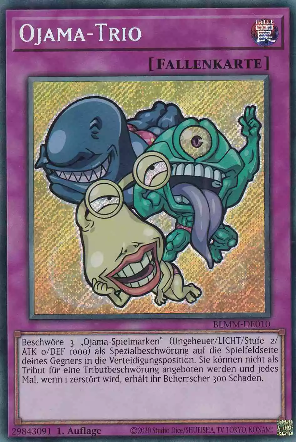 Ojama-Trio Secret Rare BLMM-DE010 Yugioh Karte Ojama-Trio BLMM-DE010 ist in Secret Rare Yu-Gi-Oh Karte aus Battles of Legend Monster Mayhem 1.Auflage