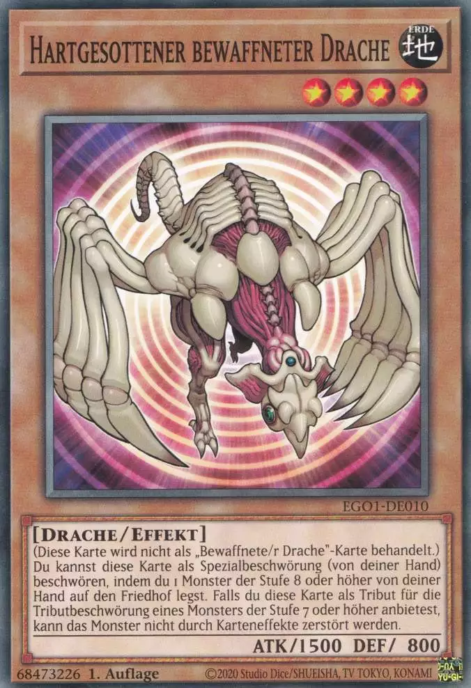 Hartgesottener bewaffneter Drache EGO1-DE010 ist in Common Yu-Gi-Oh Karte aus Egyptian God Deck Obelisk 1.Auflage