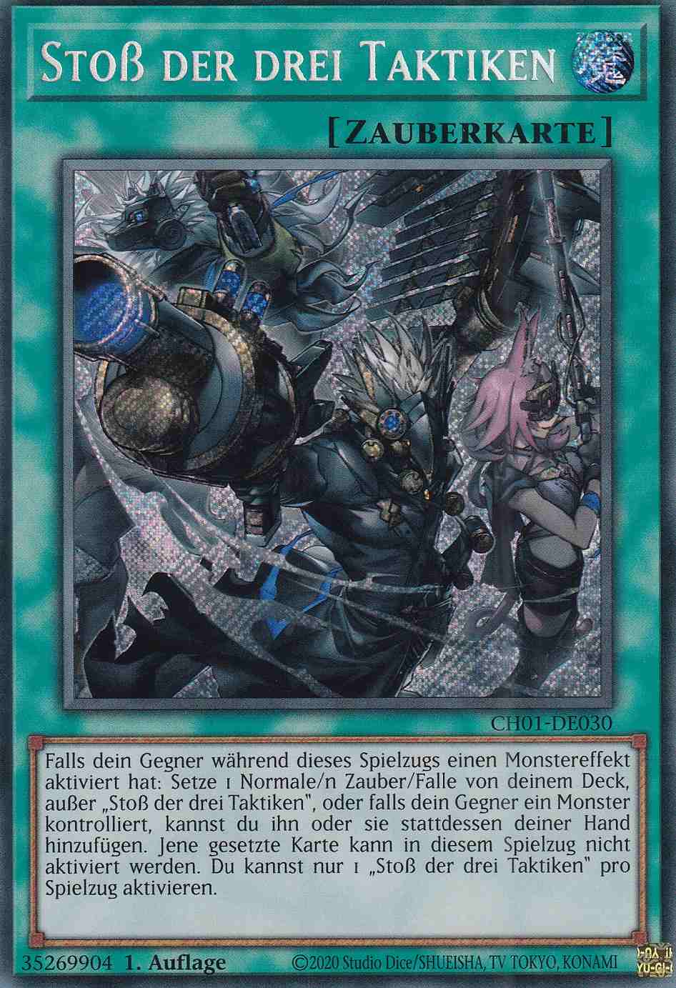 Stoß der drei Taktiken Secret Rare CH01-DE030-SCR Yugioh Karte Stoß der drei Taktiken CH01-DE030-SCR ist in Secret Rare Yu-Gi-Oh Karte aus THE CHRONICLES DECK: The Fallen & The Virtuous 1.Auflage