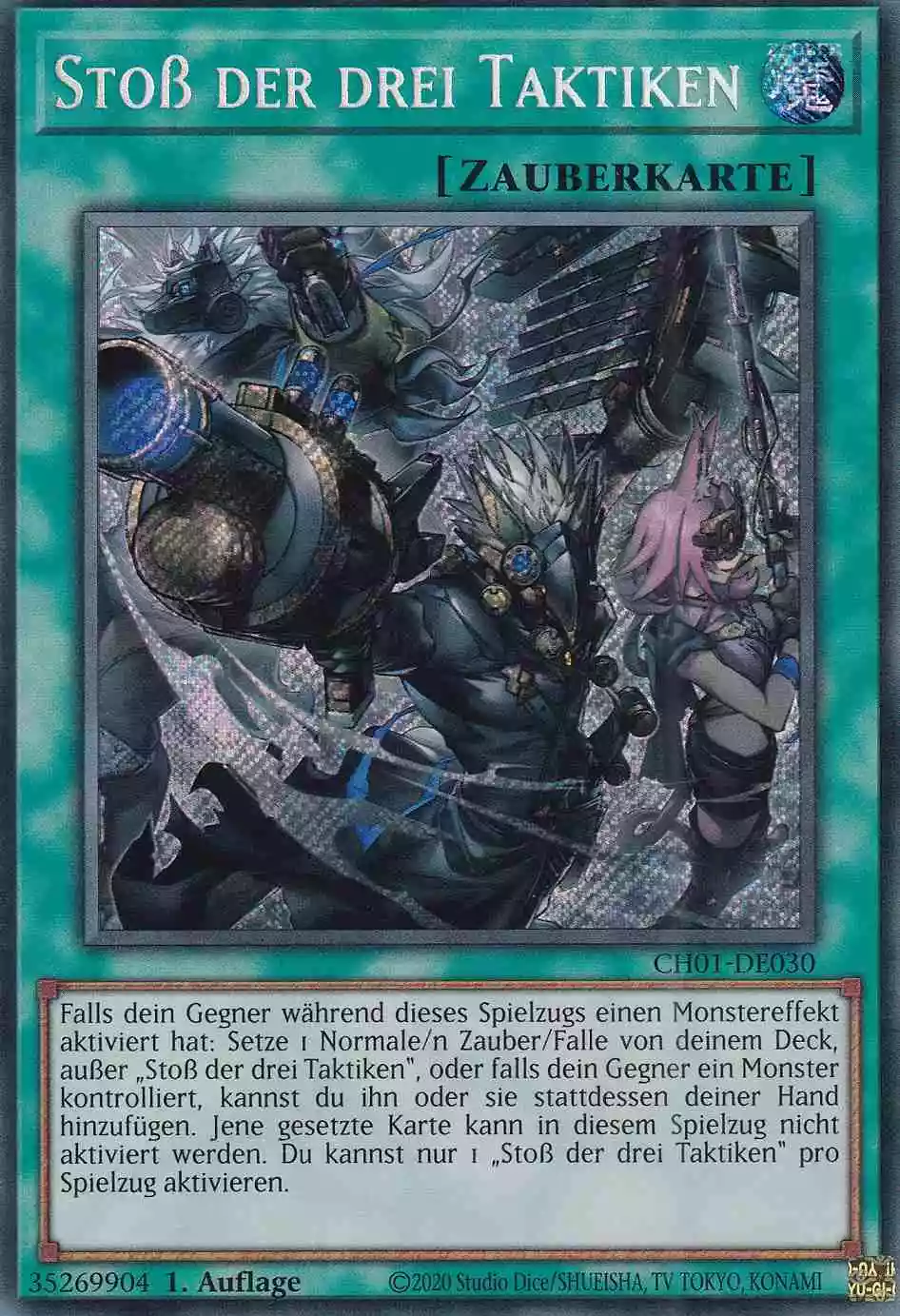 Stoß der drei Taktiken CH01-DE030-SCR ist in Secret Rare Yu-Gi-Oh Karte aus THE CHRONICLES DECK: The Fallen & The Virtuous 1.Auflage
