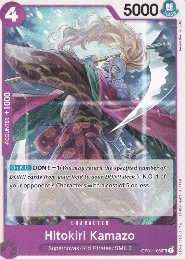 op01-108-hitokiri-kamazo-uncommon-romance-dawn Hitokiri Kamazo OP01-108 ist in Uncommon. Die One Piece Karte ist aus Romance Dawn in Normal Art.