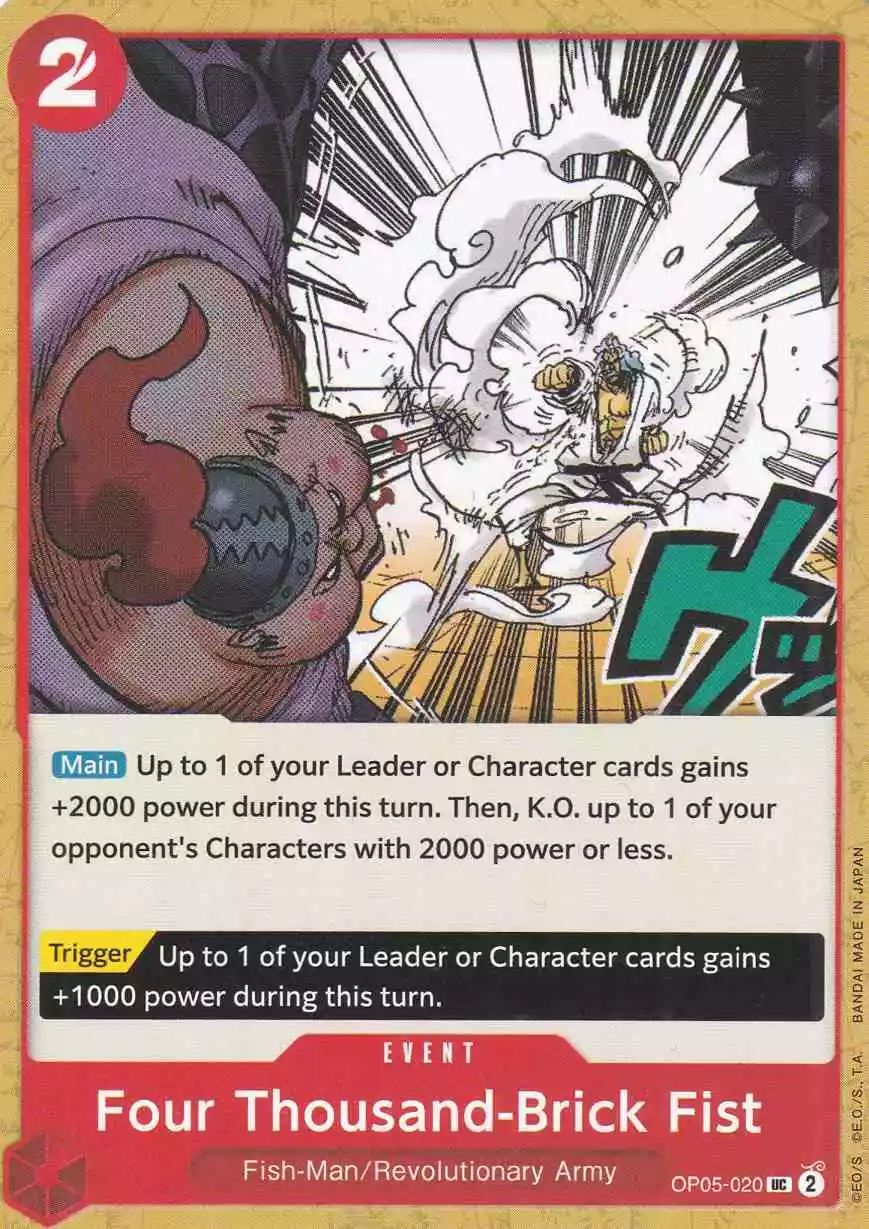 Four Thousand-Brick Fist OP05-020 ist in Uncommon. Die One Piece Karte ist aus Awakening of the New Era in Normal Art.