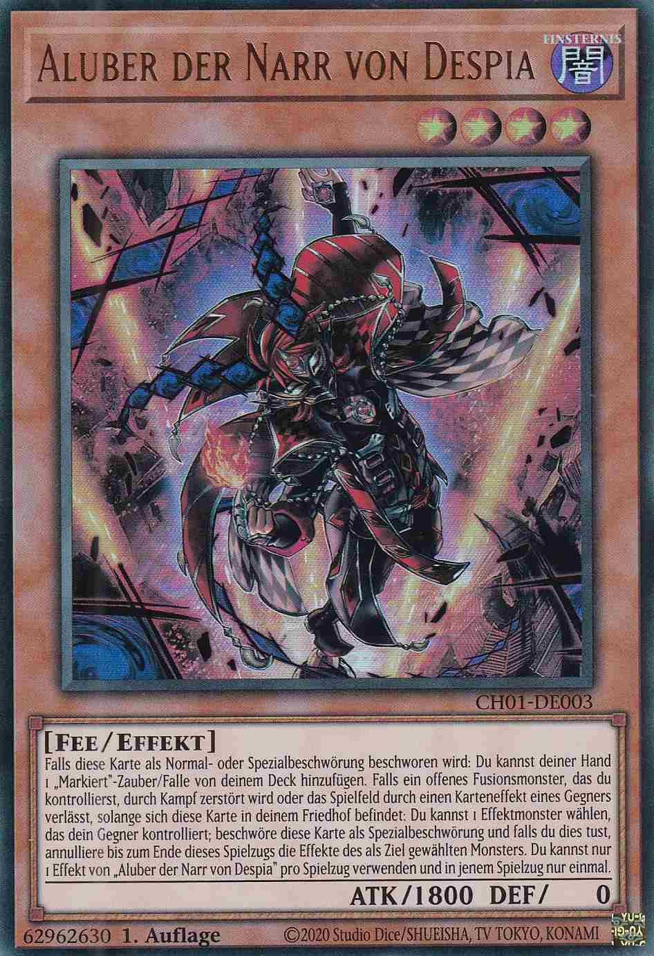 Aluber der Narr von Despia Ultra Rare CH01-DE003 Yugioh Karte Aluber der Narr von Despia CH01-DE003 ist in Ultra Rare Yu-Gi-Oh Karte aus THE CHRONICLES DECK: The Fallen & The Virtuous 1.Auflage