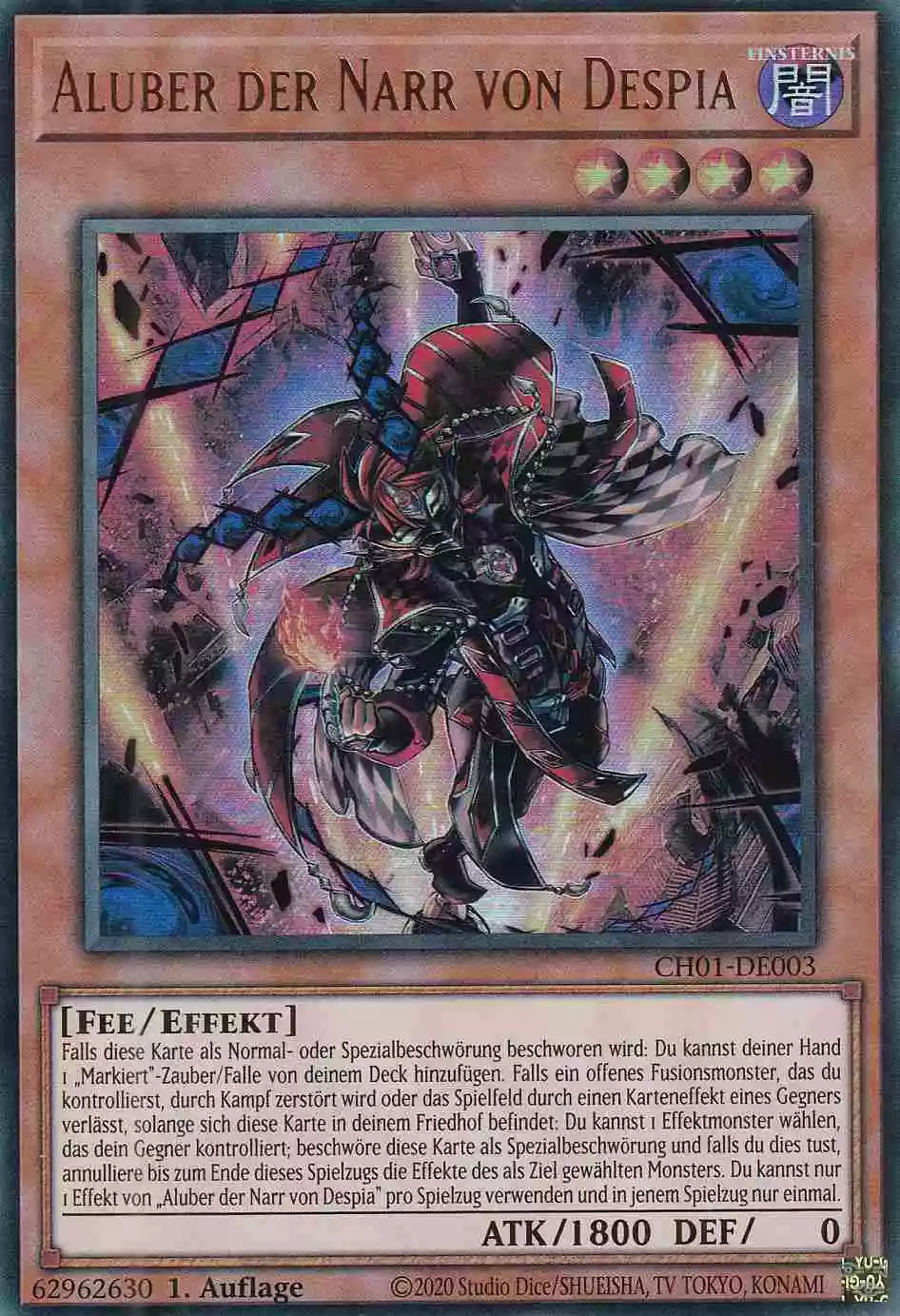 Aluber der Narr von Despia CH01-DE003 ist in Ultra Rare Yu-Gi-Oh Karte aus THE CHRONICLES DECK: The Fallen & The Virtuous 1.Auflage