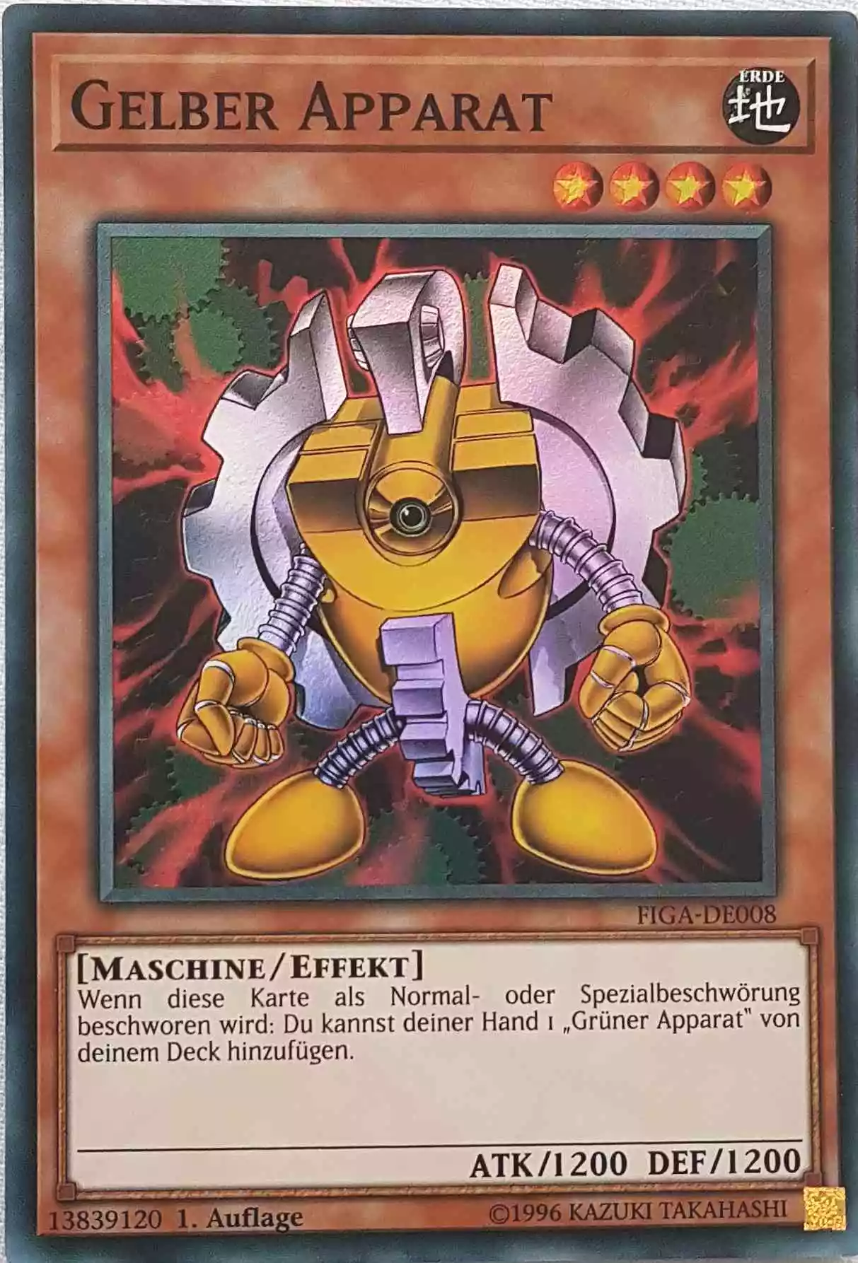 Gelber Apparat FIGA-DE008 ist in Super Rare Yu-Gi-Oh Karte aus Fists of the Gadgets 1.Auflage