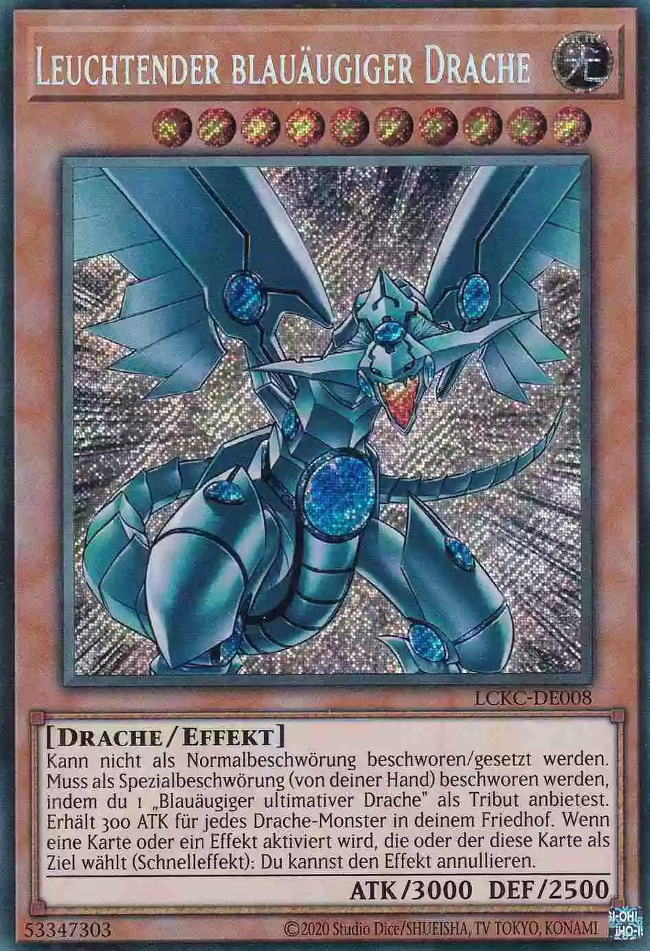 Leuchtender blauäugiger Drache Secret Rare LCKC-DE008 Yugioh Karte Leuchtender blauäugiger Drache LCKC-DE008 ist in Secret Rare Yu-Gi-Oh Karte aus Legendary Collection Kaiba unlimitiert