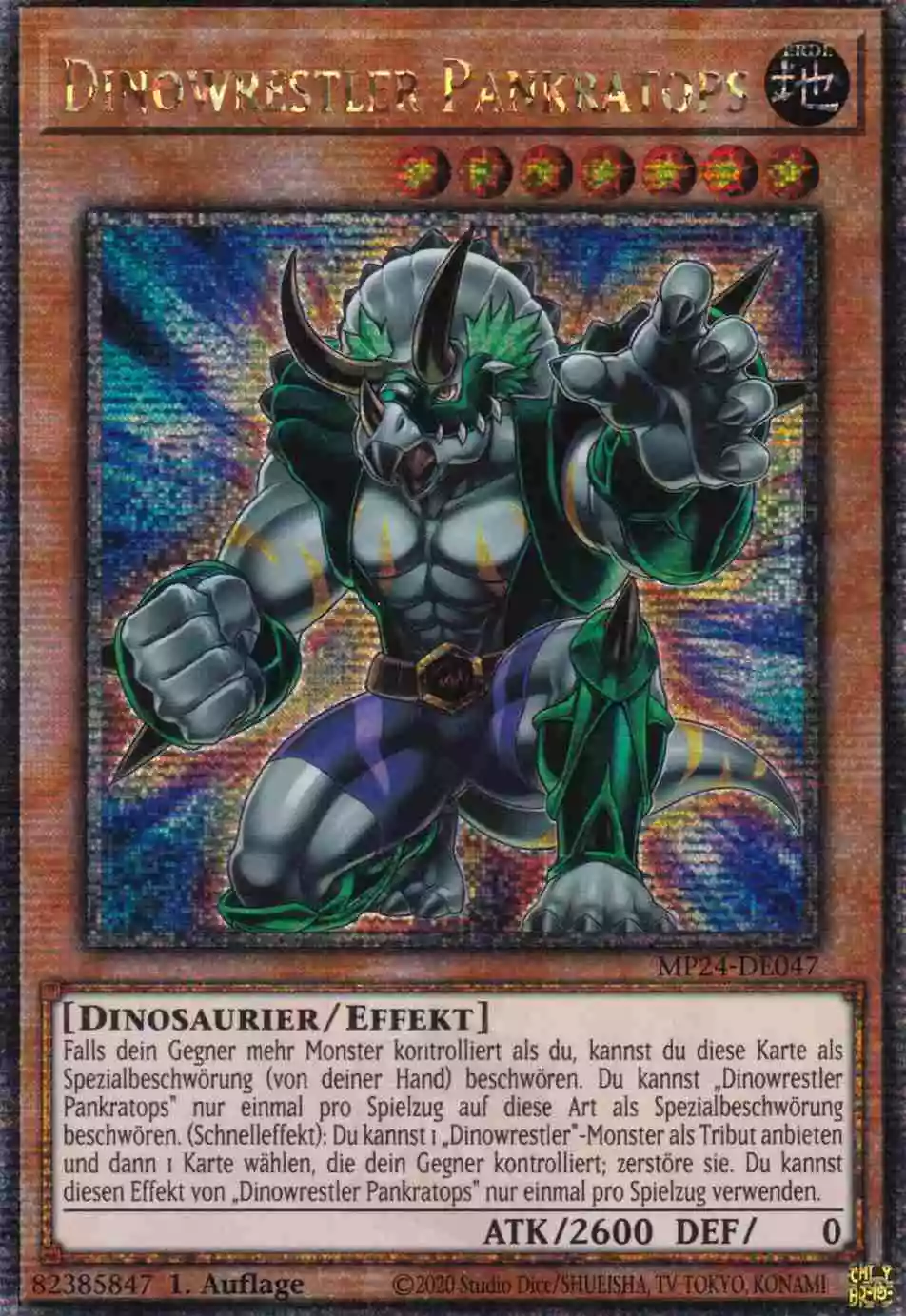 Dinowrestler Pankratops MP24-DE047 ist in Quarter Century Secret Rare Yu-Gi-Oh Karte aus 25th Anniversary Tin Dueling Mirrors 1.Auflage